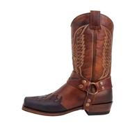 Botines Mujer Botas de hombre de media altura con punta cuadrada Botas de cuero bordadas estilo occidental botas con cremallera lateral tacón bajo, café, 46 EU
