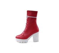 Botines Mujer con Cordones Punta Redonda Parte Superior Cuero PU Duradero Tacón Medio Grueso Slip On Zapatos Atrevidos Fiesta Club,Rojo,36 EU
