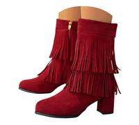 Botines Mujer con Flecos de Doble Capa, Botas Cortas con Tac贸n Grueso y Cremallera Lateral, Calzado Femenino Estilo Western Ideal para Fiestas, Eventos y Uso Cotidiano, Zapatos de Mujer Moda