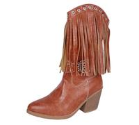 Botines Mujer Cuero Tacón Cuadrado Botas Western Mujer Country Flecos Botín Grande Pantorrilla Bota Pantorrillas Anchas Botas Casual Zapato Puntiagudo Footwear Color Sólido Bota Tamaño 36-42, marrón