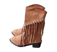 Botines Mujer Cuero Tacón Cuadrado Botas Western Mujer País Flequillo Bota De Gamuza Color Sólido Vintage 2025 Nuevo Botas Mi Mollet Bota Punta Redonda Zapato Otoño Bota Vaquero 36-43, marrón, 36 EU