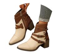 Botines Mujer de Moda, Botas Biker de Cuero Sintético con Hebillas y Cremallera Lateral, Botas de Tacón Grueso Punta Estrecha para Fiesta, Calzado Casual y Elegante Ideal para Otoño e Invierno