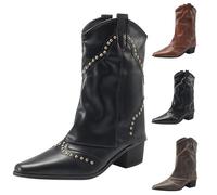 Botines Mujer Puntera Puntiaguda, Santiags Mujer Western, Bota Grande Pantorrilla Bota Tacón Cuadrado Botas Vintage Remache Boot Mi Mollet Zapato Tacón Cuadrado Botín Color Sólido Bota Mollets Anchas