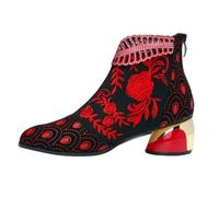 Botines mujer tacón bloque botas mujer brillante Chelsea Boots Floral Bordado Botines vintage mujer botas de invierno botas de tobillo botas de cuña elegantes botas de trabajo, rojo, 39 EU