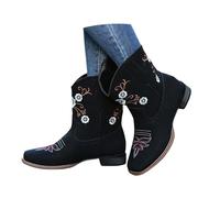Botines Mujer Tallas Grandes Botas A Media Pantorrilla Con Bordado Floral Boots De Vaquero Retro Del Oeste Booties De Cuero PU Con Tacón De Bloque Zapatos De Tobillo Con Punta Cuadrada(Black,43 EU)