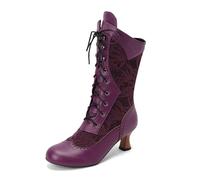 Botines negros europeos y americanos con botines de otoño e invierno Lolita, con lazo de encaje, con hojas, tacón medio y pierna media, botas largas por encima de la rodilla sin tacón, violeta, 37 EU