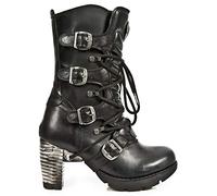 Botines NEW ROCK TR003-S1 para Damas de Cuero Negro Metalizado con Tacón de Motociclista Estilo Gótico a la Moda 37