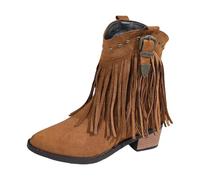 Botines occidentales con flecos para mujer, con hebilla lateral, tacón bajo, Brown, 37 EU