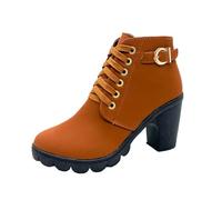 Botines para mujer clásicos, botas cortas con punta redonda, botines informales, con cordones, hebilla de plataforma, tacón de bloque, zapatos casuales, antideslizantes, zapatos de invierno con tacón