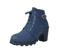 Botines para mujer con plataforma, tacón medio, elegantes hebillas con cordones y cremallera lateral, Blue, 37 EU