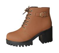 Botines para mujer con plataforma y tacón medio, elegantes, con hebilla, de piel sintética, con cremallera lateral, botines de motociclista, Brown, 38 EU