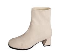 Botines para mujer con tacón de bloque y puntera cuadrada, con mangas de moda, elásticas, almohadillas de silicona para el talón, beige, 37 EU