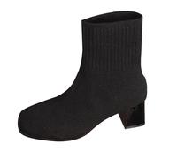 Botines para mujer con tacón de bloque y puntera cuadrada, con mangas de moda, elásticas, almohadillas de silicona para el talón, Negro , 37 EU