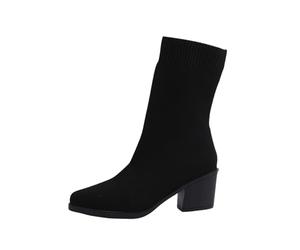 Botines para mujer con tacón negro, botas altas para mujer, botas de invierno de punto, calcetines puntiagudos, botines forrados para mujer, botas cálidas de tacón alto, botines de punto