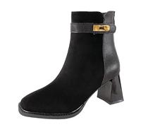 Botines para mujer, de ante, con cremallera, para otoño, vaquero, tacón de bloque, botas de entretiempo, botas cortas, botas de entretiempo, medias altas, botas occidentales, botas de vaquero, Negro