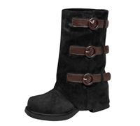Botines para mujer de ante con tacón de bloque y hebilla cómodas, para otoño e invierno, monocolor, botas de trabajo, cálidas, botas de nieve para exteriores, botas de invierno, Negro , 41 EU