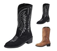 Botines para mujer de ante negras, botas de vaquero de tacón bajo, botas occidentales de moda con forro puntiagudo, botas de senderismo con bordado, marrón, 42 EU