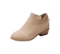 Botines para mujer, de ante sintético, tacón bajo y grueso, corte en V, con cremallera lateral en la espalda, informales, zapatos occidentales cortos, Khaki, 39 EU