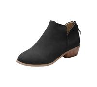Botines para mujer, de ante sintético, tacón bajo y grueso, corte en V, con cremallera lateral en la espalda, informales, zapatos occidentales cortos, Black, 39.5 EU