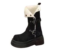 Botines para mujer, estilo británico, botas de nieve de invierno con forro de piel sintética, botines de plataforma para mujer, tacón grueso, botines de media pantorrilla con hebillas de cinturón