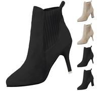 Botines para mujer forrados elegantes con tacón corto - Botas cortas cómodas puntiagudas para el tobillo - Botas de cuero para el tiempo libre Botas planas, tallas 36-43, Negro , 39 EU