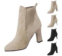Botines para mujer forrados elegantes con tacón corto - Botas cortas cómodas puntiagudas para el tobillo - Botas de cuero para el tiempo libre Botas planas, tallas 36-43, caqui, 37 EU
