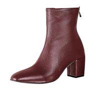 Botines para mujer, tacón medio, elegantes, de piel sintética, puntera cuadrada, con cremallera trasera, vino, 40 EU