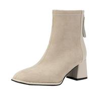 Botines para mujer, tacón medio, gamuza sintética, puntera cuadrada, cremallera trasera, beige, 39 EU