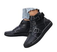 Botines planos casuales para mujer, con correa de hebilla, zapatos retro, Black, 44 EU