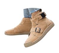 Botines planos casuales para mujer, con correa de hebilla, zapatos retro, Khaki, 39 EU