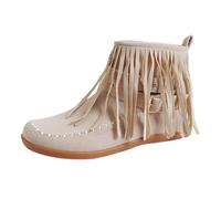 Botines planos para mujer, botines de ante para mujer, botas de trekking con borla, botas cortas, punta redonda, caña corta, botas de entretiempo, botas de equitación, Blanco, 38