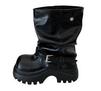 Botines planos para mujer, de cuero, para otoño, invierno, a la moda, versátiles, a media pantorrilla, ajuste ancho, retro, punta redonda, tacón grueso, bota de tubo corto, estilo casual, color sólido