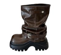 Botines planos para mujer, de cuero, para otoño, invierno, a la moda, versátiles, a media pantorrilla, ajuste ancho, retro, punta redonda, tacón grueso, bota de tubo corto, estilo casual, color sólido