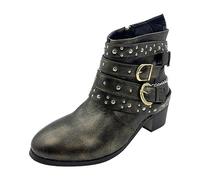 Botines punk para mujer con correa de hebilla y tachuelas, botines occidentales de tacón de bloque con detalle de cadena, botas de estilo motociclista retro para mujer, plantilla acolchada, puntera