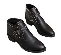 Botines Sin Cordones Botas Chelsea Cortas con Tacón Ancho for Mujer Botines De Punta Puntiaguda con Hebilla Y Tachuelas Boots Moteros De Cuero De PU Zapatos De Tobillo Casuales(Black,37 EU)