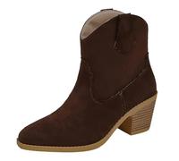 Botines vaqueros para mujer, botines de tacón de bloque para mujer, botines occidentales de tacón bajo, botines de equitación con puntera de almendra, calzado casual vintage con lengüeta de tirar