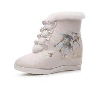 Botines Vintage con Cuña Oculta Y Bordado De Flores para Mujer Zapatos Hanfu con Forro Polar, Cálidos para El Invierno Calzado Tradicional Chino, Botas Orientales para Escénicos(White,40 EU)