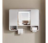 Botiquín con espejo y estantes, almacenamiento LED de baño con toallero y visualización de tiempo para un uso organizado montado en la pared