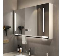 Botiquín con espejo y luces LED, montado en la pared con interruptor táctil, antivaho con un solo clic, diseño rectangular y barra de toallas para almacenamiento de baño