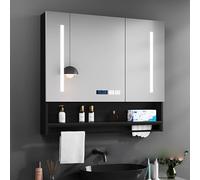 Botiquín de baño con luces LED y espejo antivaho, moderno armario de pared de almacenamiento con espejo de tocador HD, pantalla de hora y temperatura