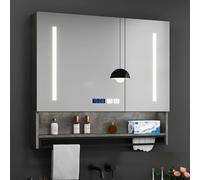 Botiquín de baño con luces LED y espejo antivaho, moderno armario de pared de almacenamiento con espejo de tocador HD, pantalla de hora y temperatura