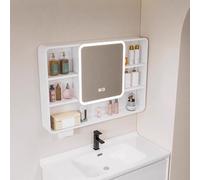 Botiquín de baño con luz LED con espejo antivaho HD de aluminio con interruptor táctil, agujero de papel, 39.4 x 4.3 x 25.6 pulgadas, solución moderna de tocador