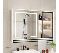 Botiquín de baño con luz LED con espejo, desempañador inteligente de 46 x 30 pulgadas, espejo de maquillaje montado en la pared, 3 ajustes de color, estantes infinitamente regulables para