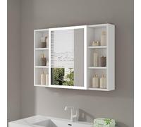 Botiquín de baño LED con espejo antivaho, estantes abiertos de almacenamiento y maquillaje, 90 cm, color blanco, diseño moderno para un espacio eficiente en el baño