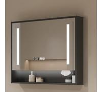 Botiquín de madera montado en la pared con espejo LED, espejo de baño inteligente antivaho con pantalla de reloj, elegante decoración del hogar y solución de tocador de maquillaje