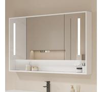 Botiquín de madera para baño con espejo LED antivaho, espejo cosmético inteligente de pared con pantalla de reloj, esencial moderno para decoración elegante del hogar