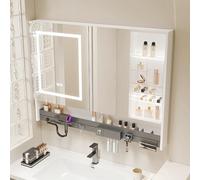 Botiquín de pared con espejo con luz LED y desempañador, organizador de almacenamiento que ahorra espacio para baño