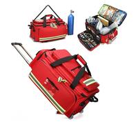 Botiquín Grande Vacío con Ruedas - Bolsa de Primeros Auxilios Impermeable para Hogar, Viaje, Senderismo y Acampada - Trolley Desmontable, Compartimentos y Reflectantes (Rojo/Azul)
