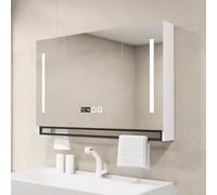 Botiquín iluminado de 101.6 cm x 71.1 cm con espejo antiniebla, control táctil inteligente, reloj, toalla, barra de 3 colores LED, almacenamiento en la pared del baño (color: B)