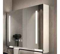 Botiquín inteligente con espejo y luces LED, espejo de tocador para baño con almacenamiento, desempañado con un solo clic, botiquín rectangular con toallero, botiquín de pared Tou, blanco - 60*12*7